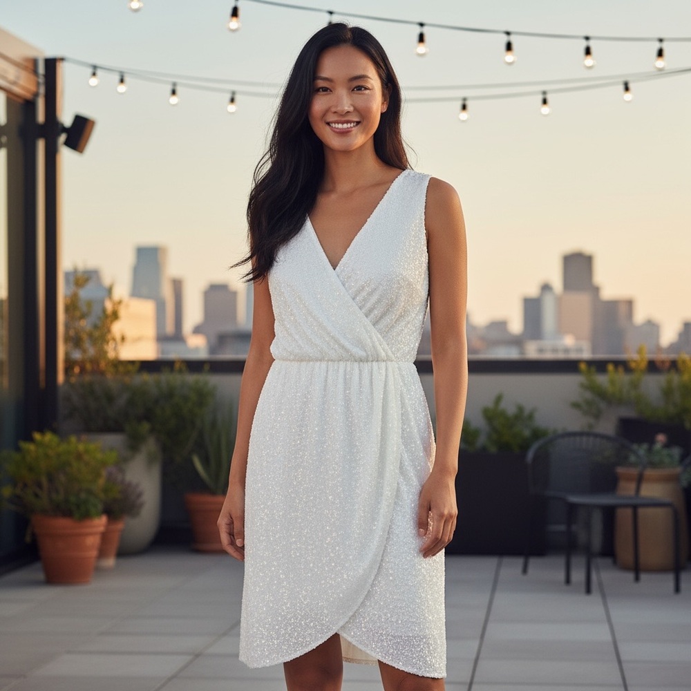 Trina Turk White Sequin Faux Wrap Grecian Style Dress – Size 10